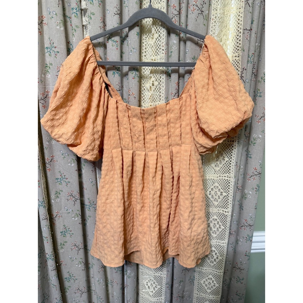 Heyson Peach Textured Babydoll Mini Dress L Puff Sleeve Open Back Cottagecore